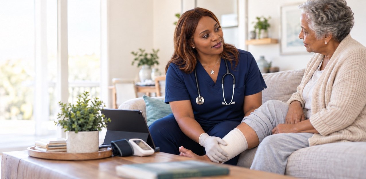 Jerise Agha, MSN, AG-ACNP-BC, in navy scrubs, sits beside an older adult on her living room sofa during a home visit, checking a dressed lower-leg wound, with a blood pressure monitor and tablet on the coffee table.